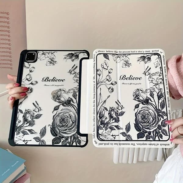 Stilfuldt etui til iPad A16 sort rose retro blomsterrem