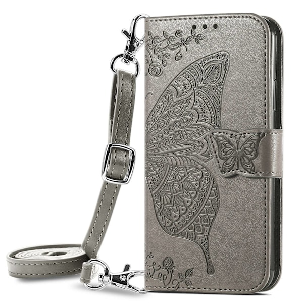 Fodral för iPhone 13 Pro grått läder crossbody midja axel långt snöre plånbok