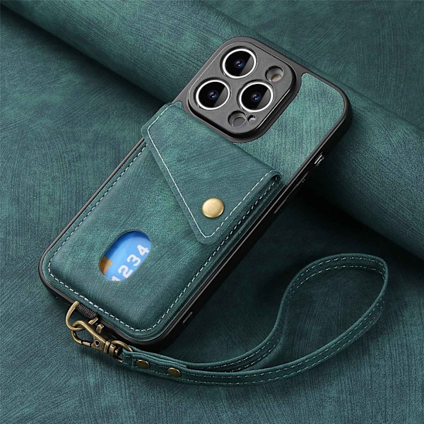 Etui til iPhone 14 Plus, grønt læder, solid hudfornemmelse, lanyard, magnetisk bilspænde, kortholder