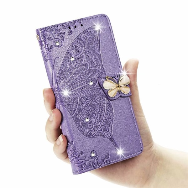 Etui til iPhone 13 Lys Lilla Diamant 3D Blomst Sommerfugl Læder Etui Præget Disk