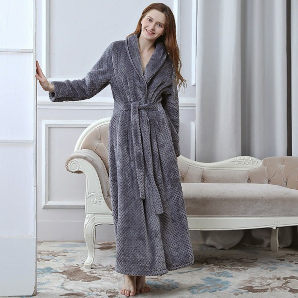 Fortykket forlænget flannel badekåbe varmt nattøj til mænd, kvinder grey L