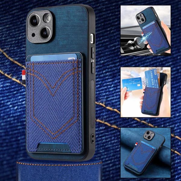 Fodral för iPhone 13 blått läder korthållare denimfack