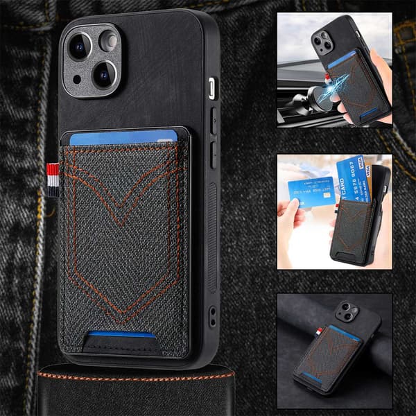 Etui til iPhone 15 Pro Max, sort læder, kortholder, denimtekstur, slot