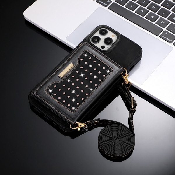 Fodral för iPhone 14plus svart tri fold lanyard väska stöldskydd borste plånbok läder
