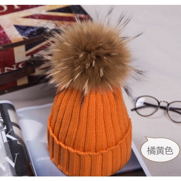Varm vinter strik hue hue efterår curling ørebeskyttelse koreansk stil plys bold uld unisex Raccoon Fur 15cm pink M