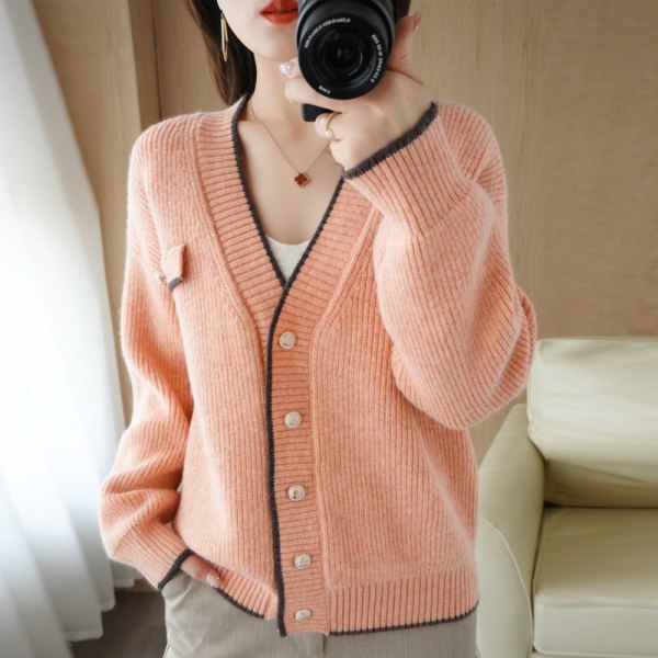 Kvinnor Stickad Höst Vinter Tröja V-ringad Faux Pocket Stickad Cardigan Ytterkläder Tröja Coat Grapefruit red L