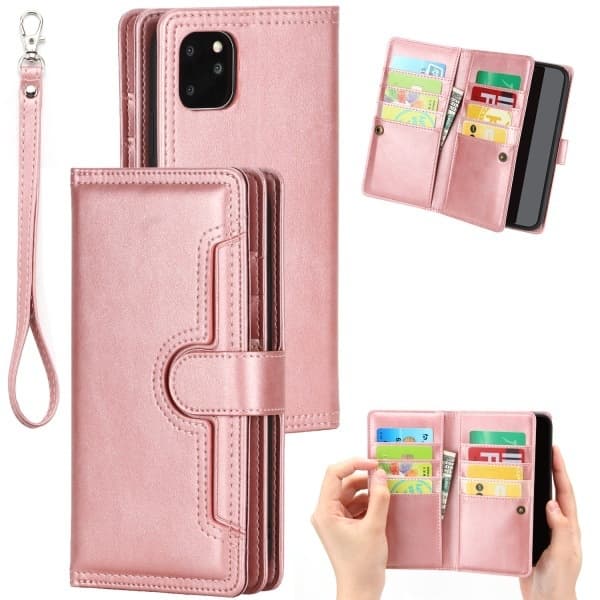 Etui til iPhone 15 PLUS rosegull retro multifunksjonelt lærkortlommebok multi-kort