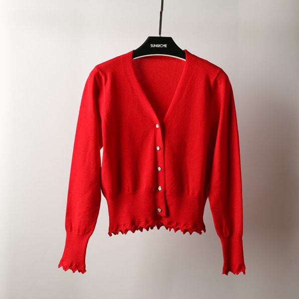 Damestrik efterår vinter sweater cardigan langærmet merceriseret bomuld solbeskyttelsestøj Red L