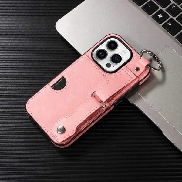 Etui til iPhone 15 Plus rosegull kalvemønster kortholder ring spenne håndleddsstropp