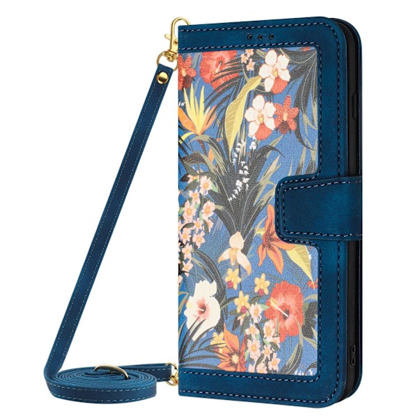 Etui til iPhone 13 Pro mørkeblå lange og korte snore trykt læder flip kort slot crossbody f