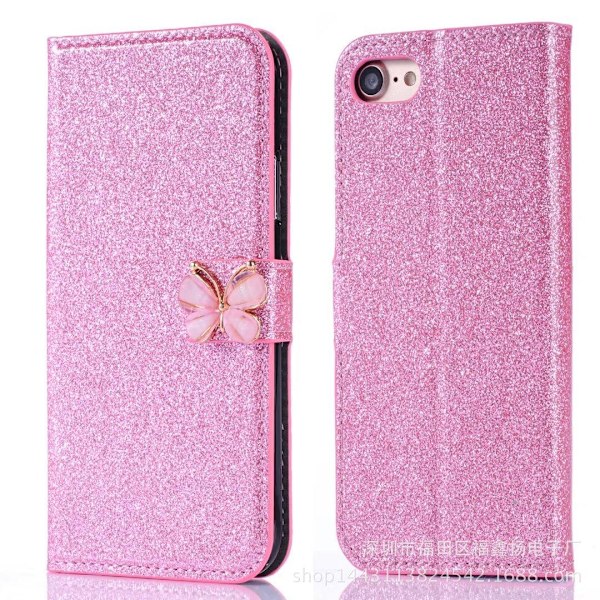 Fodral till iPhone 13 rosa rosett glitter diamant läder kortplats flip plånbok