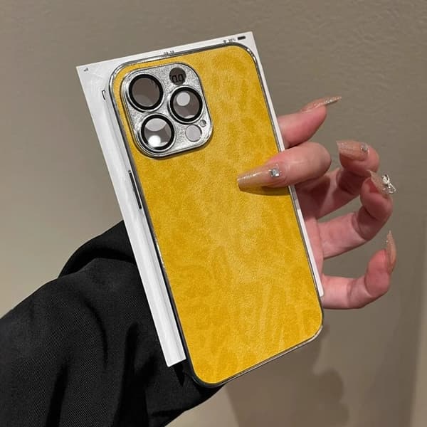 Fodral för iPhone16Plus gul leopardtryck läder elektroplätering full