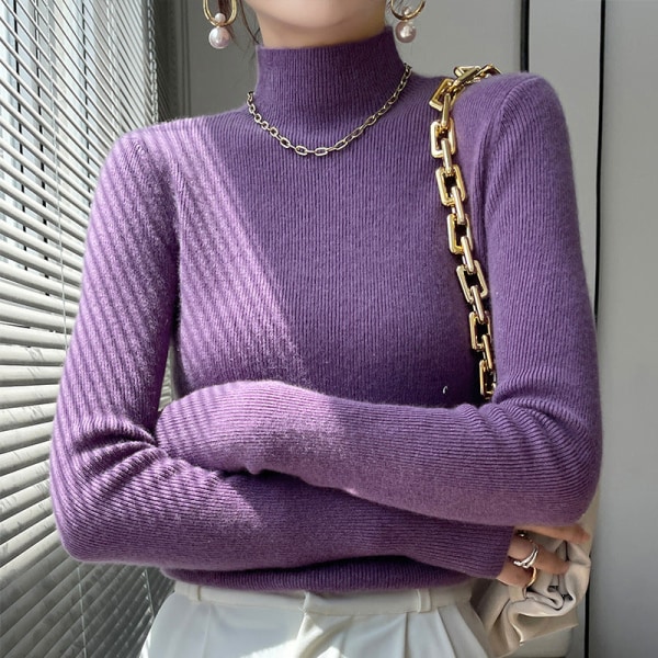 Kvinder Strik Efterår Vinter Sweater Halv rullekrave Uld Slim-Fit Langærmet Pullover Snørebånd Purple L