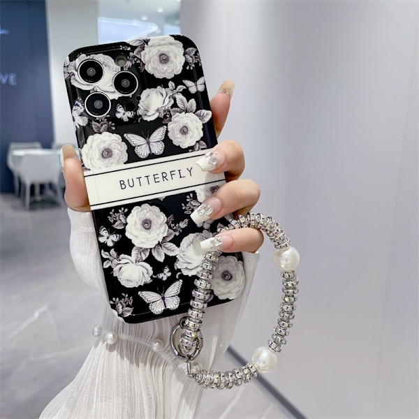 iPhone 14 -kotelo SJ3 [Vintage Rose] Strassiketju Vintage Rose Nahkainen Ranneke Net Red Silico