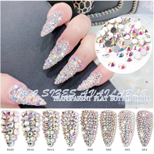 Kynsikoristeet Nail Art Pohjapora Läpinäkyvä AB Diamond DIY Decorations Kulta Pohja Hopea Pohja SS40 White Diamond (8.6)144