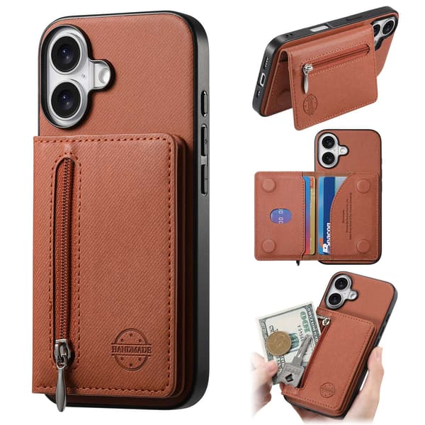 Fodral för iPhone 14 Pro Max brun stativ stor förvaring kortplats anti fall slätt läder