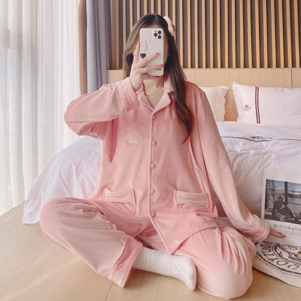 Efterår og vinter Flanel-barselspyjamas med ekstra polstring til varme barselstøj pink L (110-130 kg)
