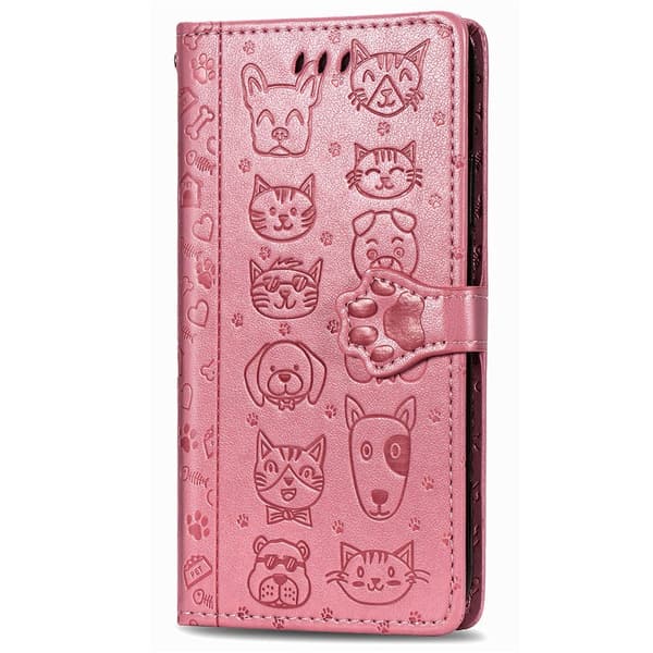 Etui til iPhone15 pink kat og hund præget læder kat