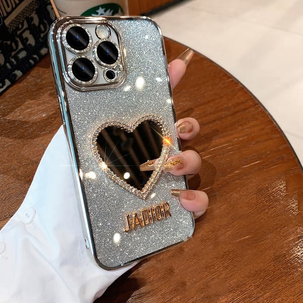 Etui til iPhone 17 Pro Hjerte Spejl + Glitter Sølv Gradient Glitter Spejl