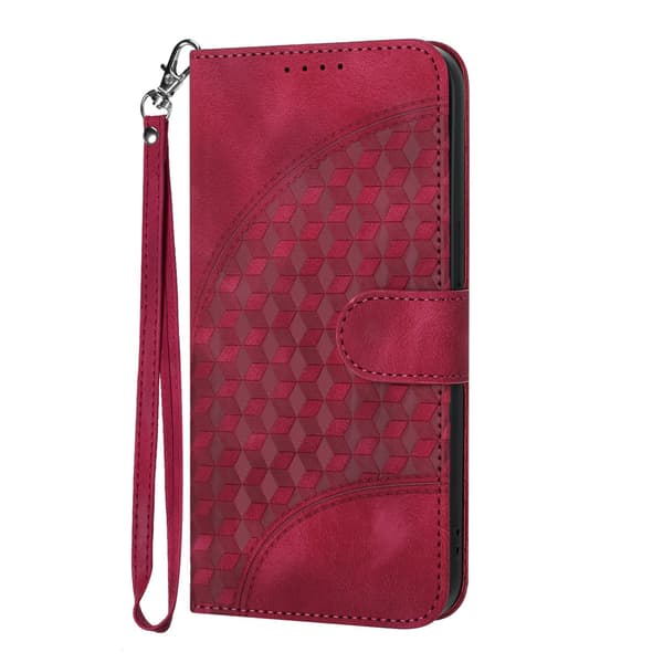 Fodral för iPhone15 Rosarött läder solid hudstruktur diamantpräglat kortfack plånbok