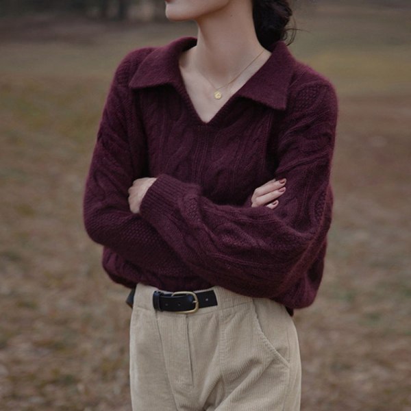 Kvinder Strik Efterår Vinter Sweater Kabel Løstsiddende Blødt klæbrig overtøj Top Retro Revers Dark purple M