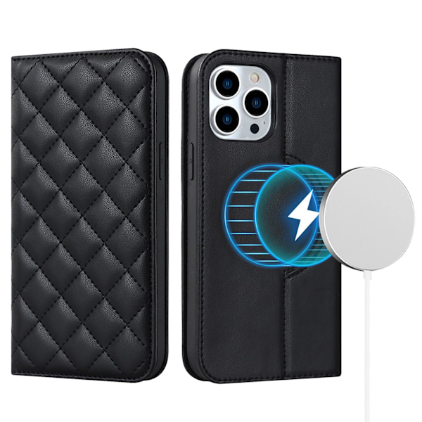 Kotelo iPhone 14plus/15plus mustalle langattomalle lataukselle sisäänrakennettu nahkainen magneettinen korttipaikka timantilla