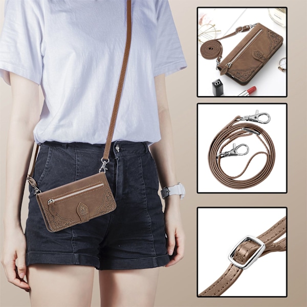 Fodral för iPhone 13 Mini Brunt Läder Extra Lång Crossbody Snodd Dragkedjeväska