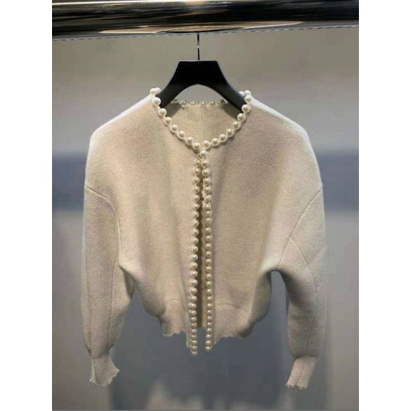 Kvinder strik efterår vinter sweater niche rund hals perle trim uld kort langærmet cardigan Khaki L