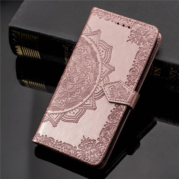 Etui til iPhone 16 roségull mandala lær preget blomst koreansk