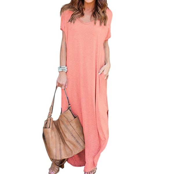 Lång klänning Rak kjol V-ringad Pocket Split Dress Nude Pink L
