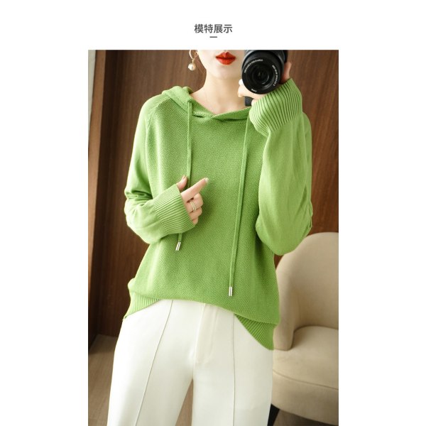 Strik til kvinder efterår vinter sweater hætte koreansk stil ensfarvet hættetrøje hættetrøje cardigan frakke Fruit Green XXL