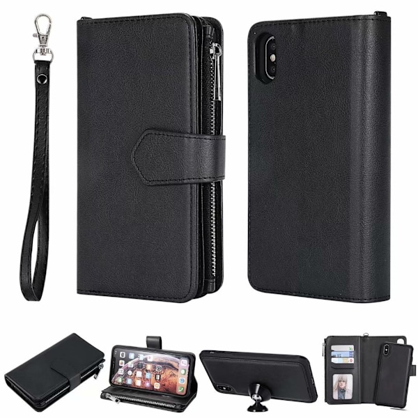Etui til iPhone 14plus sort læder split wallet kortholder 2 i 1 lynlås