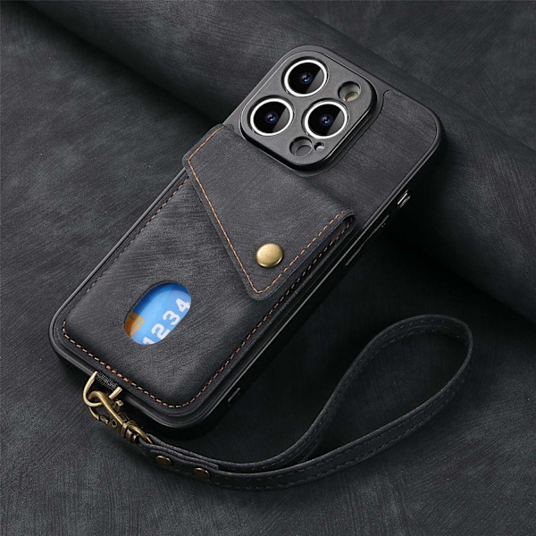 Etui til iPhone 14 Plus, svart lær, solid overflate, snor, magnetisk spenne, kortholder