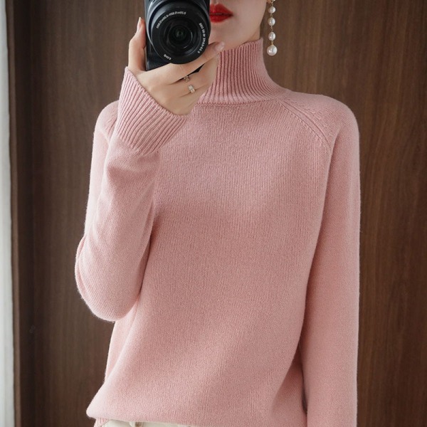 Kvinder Strik Efterår Vinter Sweater Stand Krave Halv rullekrave Pullover Indvendig slid Løst strikket Leather pink L