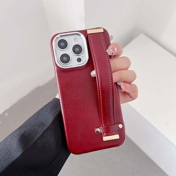 Fodral för iPhone 14PRO vinrött vaxläder armband anti fall full metallring