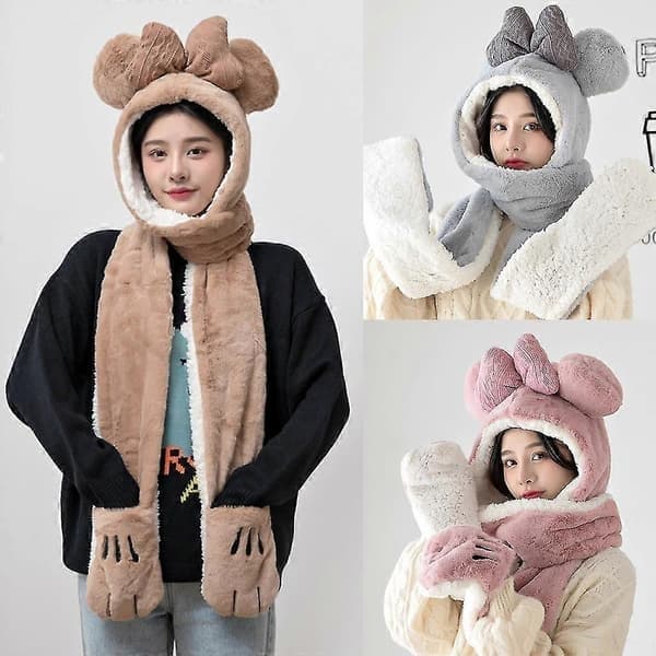 Kawaii Vinter Varm Tyk Blød Hue Halstørklæde Handsker til Kvinder Pige Fuld Hue, Sort
