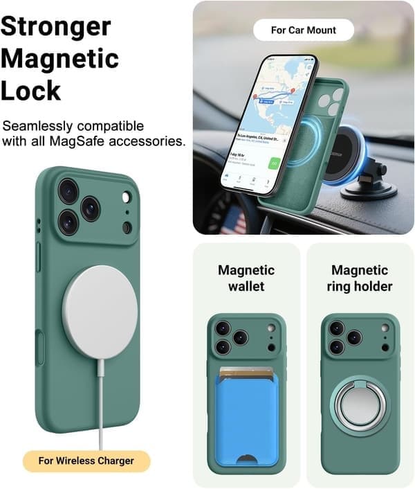 Silikontelefondeksel til iPhone 17 Pro, MagSafe-kompatibel, støtsikker, furugrønn vert pin iPhone 17 Pro