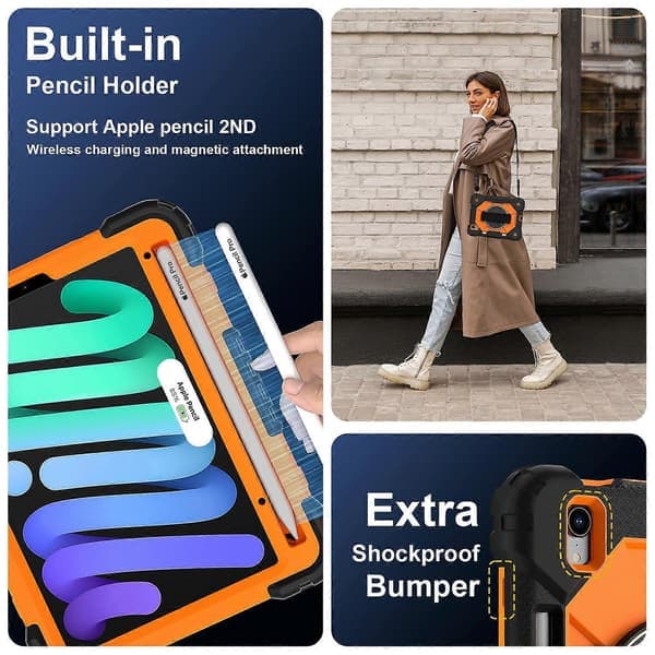 Etui til iPad mini (2024)/(2021) Silikone+PC Stand Tablet Beskyttelse med Praktisk Rem - Sort/Orange