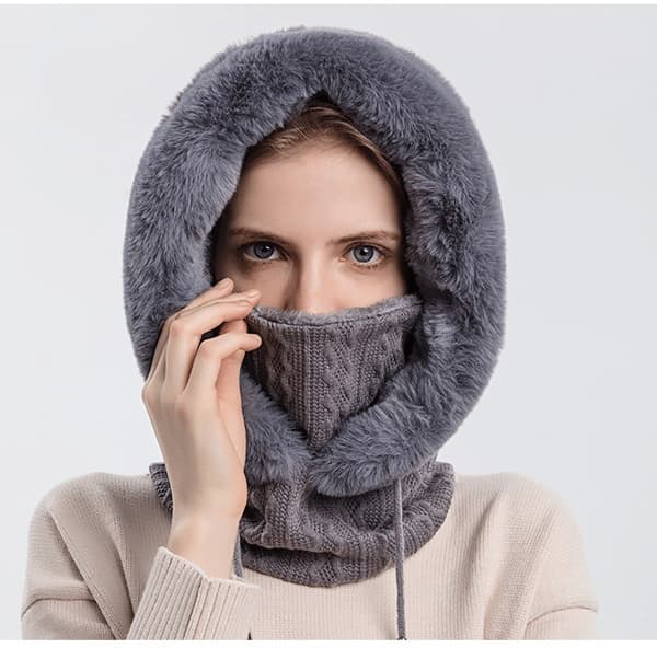 Dam Vinter One-piece Lös Ullmössa Halsduk Mask Dragsko Varm Tröja Huva Stickad Mössa, Grå