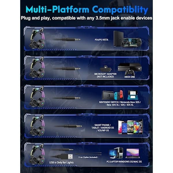 Lett Gaming Headset med Avtakbare Katteører, Gradient RGB-lys, Kablede Over-ear Hodetelefoner for PC/PS4/PS5/XBOX/Switch, Virtu