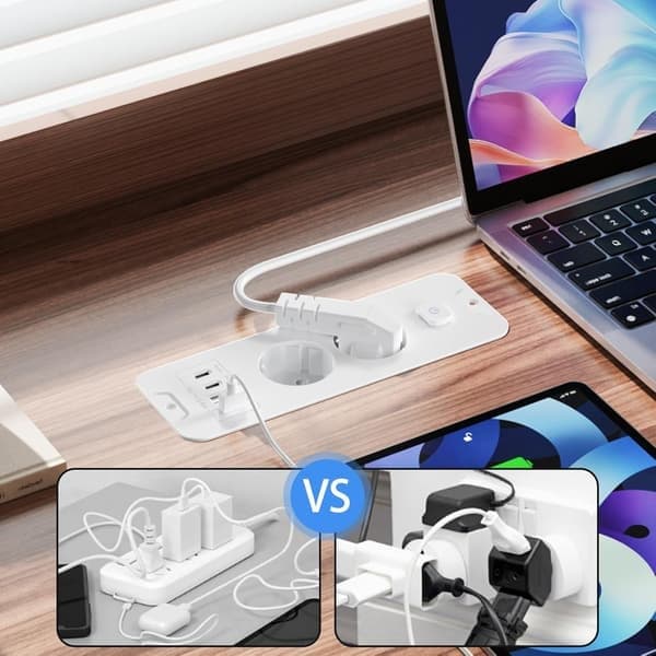 2-vejs udtrækkelig, 2-vejs med 2 USB, bordstikdåse med 2 USB C, 2 afbrydere, hvid, 2-dobbelt udtræk white 2-fold withdrawal, white