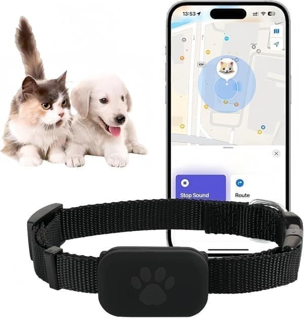 GPS-tracker til kæledyr, kattehalsbånd med GPS-tracker til hunde, kæledyrs-tracker kompatibel med iOS/Android sort