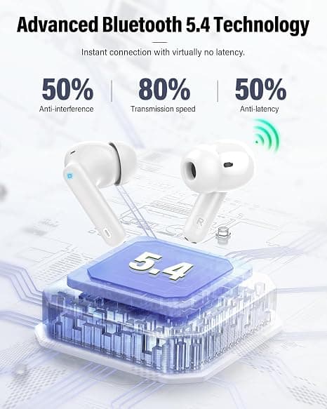 Trådløse øretelefoner Bluetooth 5.4 med LED-display, støjreducerende mikrofon, HiFi Stereo In-Ear hovedtelefoner, IP7 vandtætte til iPhone Android White