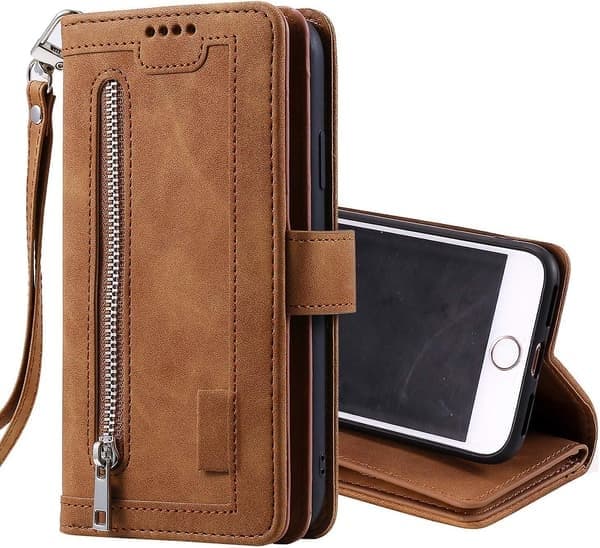 Pung etui til iPhone SE 2022 5G/iPhone 7/iPhone 8/iPhone SE 2020, 9 kortholder rum lynlås pung etui PU læder etui, brun