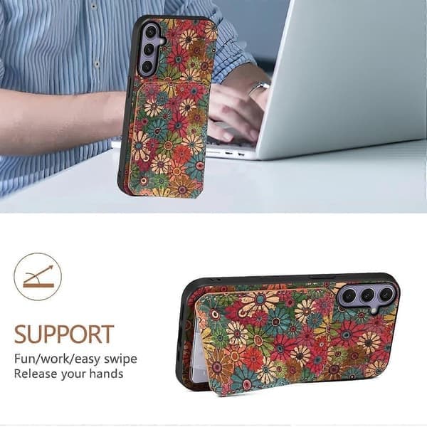 Etui til Samsung Galaxy S25+ med kortholder, stativ og blomstermønster i læder, efterår