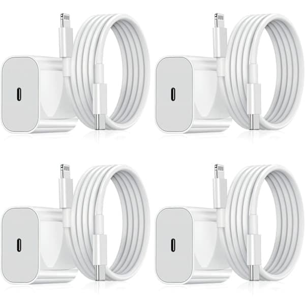 4-pakning, iPhone-lader, hurtiglader, adapter + 2m kabel 20W Lightning Hvit 4-pakning iPhone 4-pakning CJY, Lightning 4-Pack Lightning