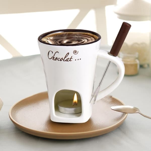Fyrfadsfondue-sæt, keramisk smeltedigel til chokolade og dessert, beige Beige