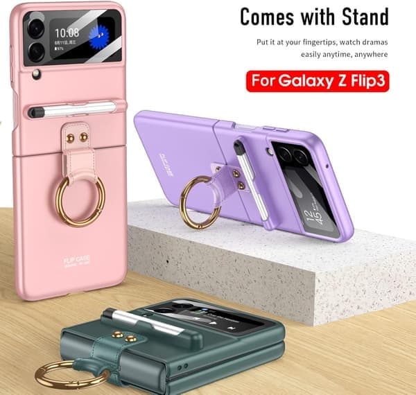 Telefonfodral med ring, vikbart skydd och kapacitiv penna för Samsung Galaxy Z Flip 3
