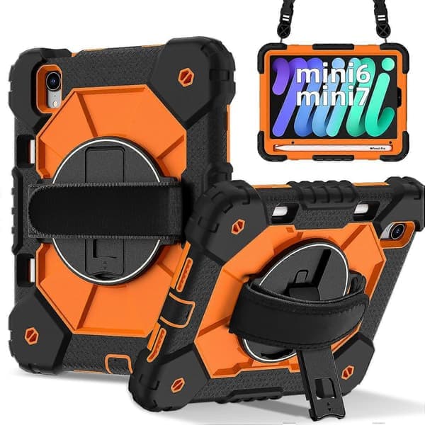 Etui til iPad mini (2024)/(2021) Silikone+PC Stand Tablet Beskyttelse med Praktisk Rem - Sort/Orange