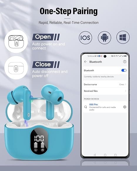 Trådløse øretelefoner Bluetooth 5.4 med LED-display, støjreducerende mikrofon, HiFi Stereo In-Ear hovedtelefoner, IP7 vandtætte til iPhone Android Ice blue